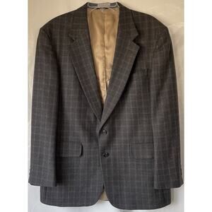 Lands' End Blazer Coat Jacket Brown Windowpane Plaid 100% Lambswool USA 42R